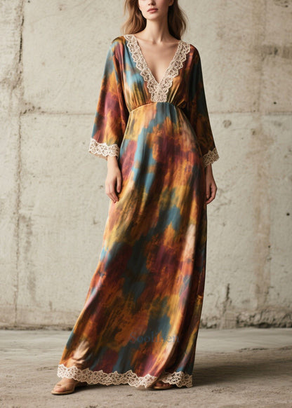 Tie Dye Lace Patchwork Chiffon Robe Dresses Fall