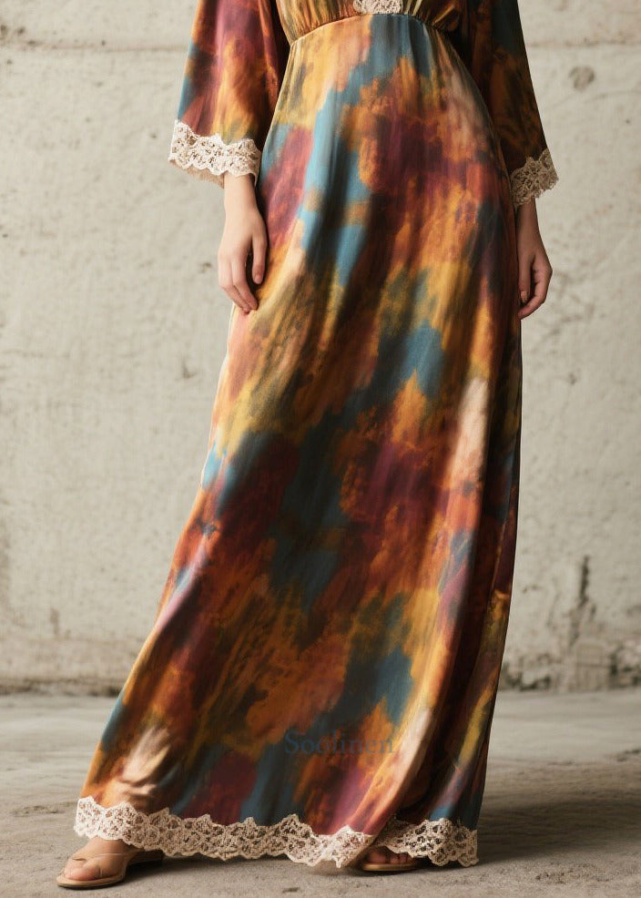 Tie Dye Lace Patchwork Chiffon Robe Dresses Fall