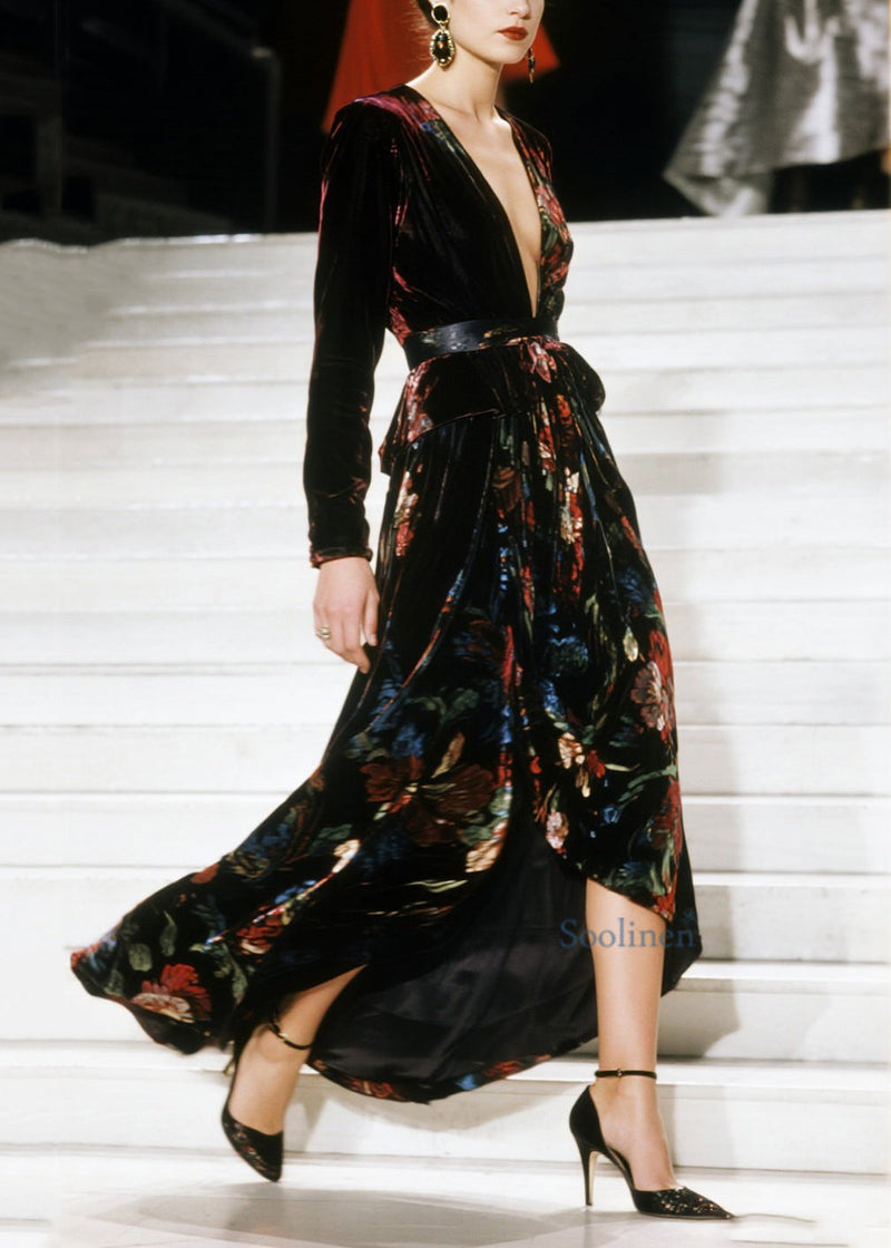 V Neck Asymmetrical Design Print Velvet Dress Spring