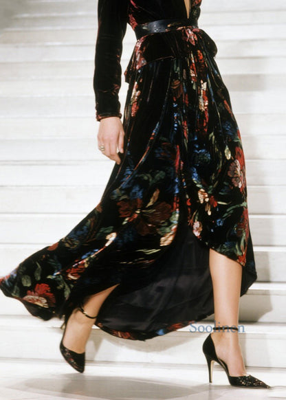 V Neck Asymmetrical Design Print Velvet Dress Spring