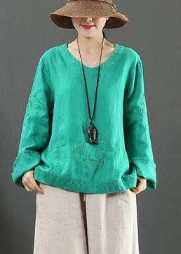 Elegant V Neck Embroidery Spring Tops Women Neckline Green Shirt