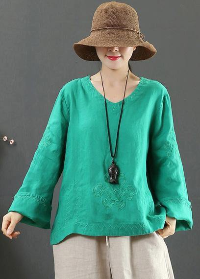 Elegant V Neck Embroidery Spring Tops Women Neckline Green Shirt
