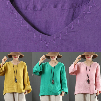 Elegant V Neck Embroidery Spring Tops Women Neckline Green Shirt