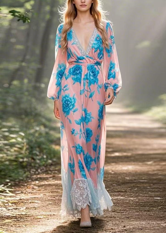 V Neck Lace Print Patchwork Chiffon Dress Spring