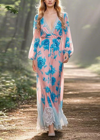 V Neck Lace Print Patchwork Chiffon Dress Spring