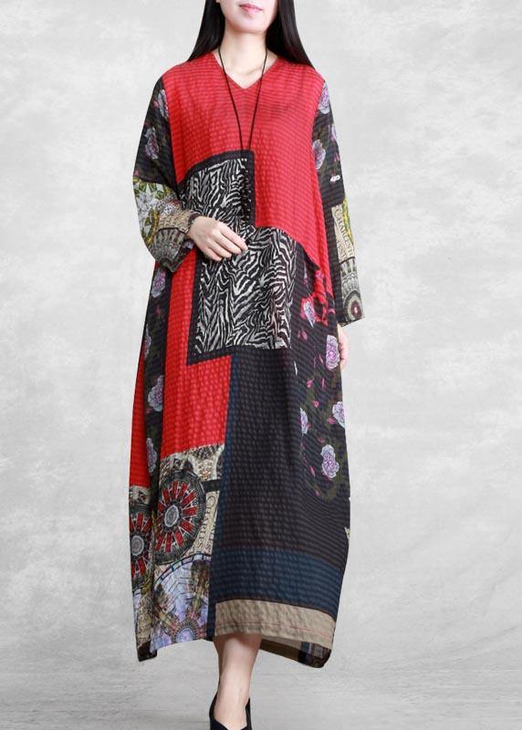 V Neck Long Sleeve Spring Tunic Pattern Outfits Print Kaftan Dresses