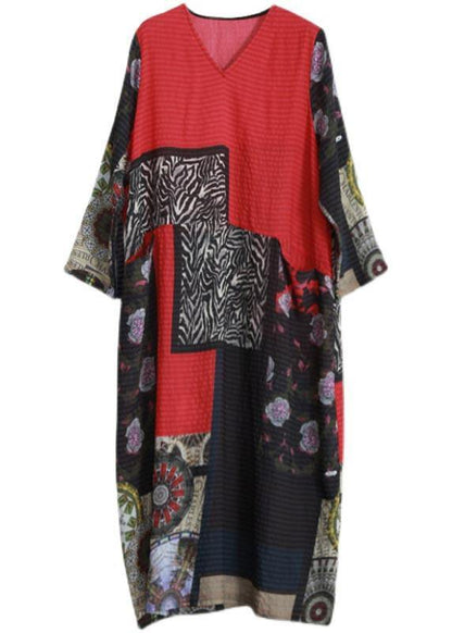 V Neck Long Sleeve Spring Tunic Pattern Outfits Print Kaftan Dresses