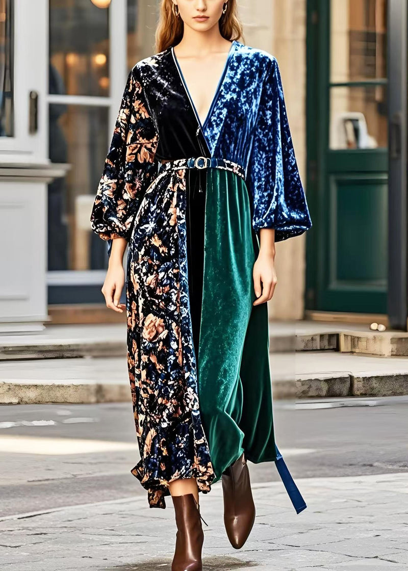 V Neck Patchwork Print Silk Velvet Dress Spring