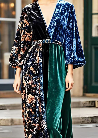V Neck Patchwork Print Silk Velvet Dress Spring