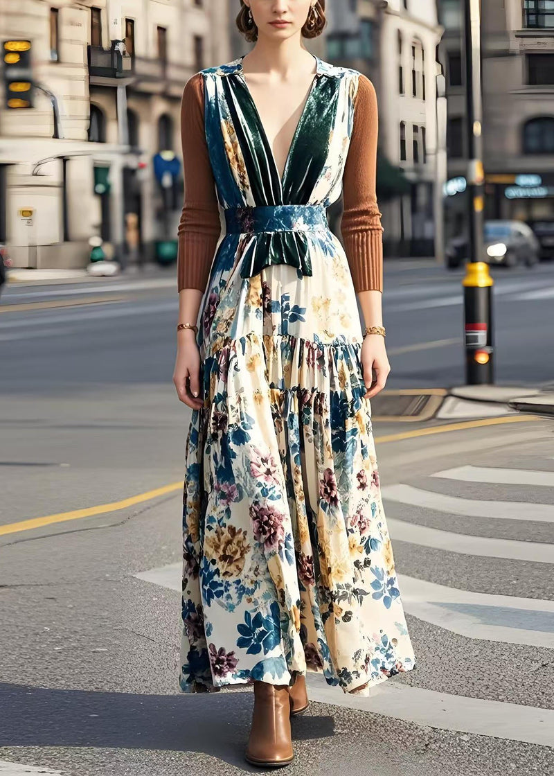V Neck Patchwork Print Silk Velvet Long Dress Spring