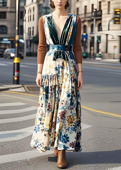 V Neck Patchwork Print Silk Velvet Long Dress Spring