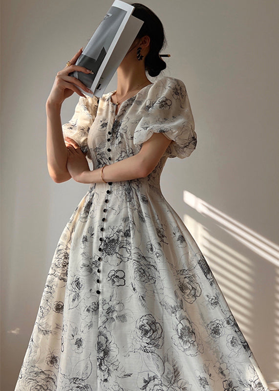 V Neck Print Button Chiffon Maxi Dress Short Sleeve