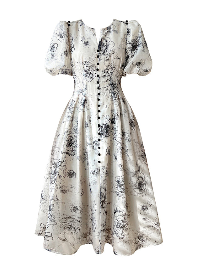 V Neck Print Button Chiffon Maxi Dress Short Sleeve