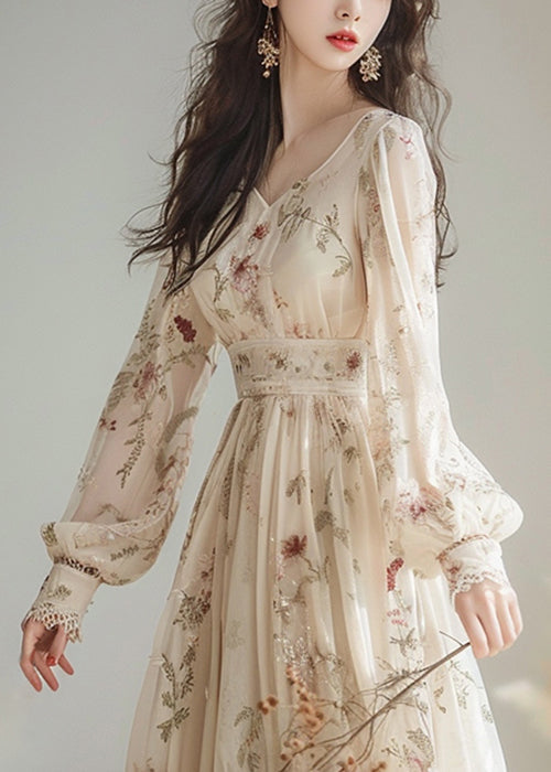 V Neck Print High Waist Chiffon Dress Long Sleeve