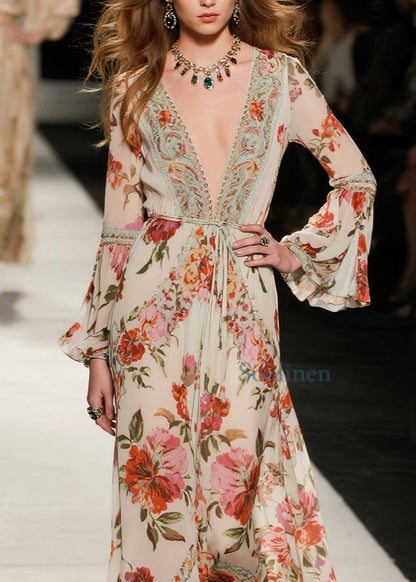 V Neck Print Loose Cotton Dresses Flare Sleeve