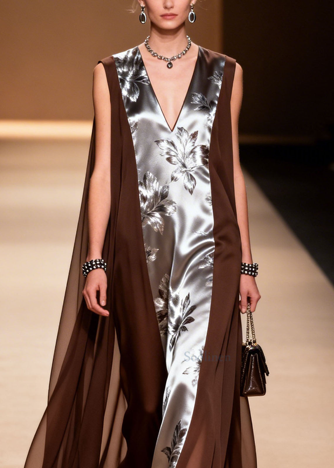 V Neck Print Patchwork Chiffon Dress Summer