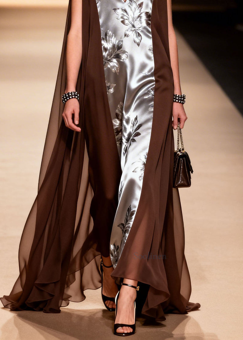 V Neck Print Patchwork Chiffon Dress Summer