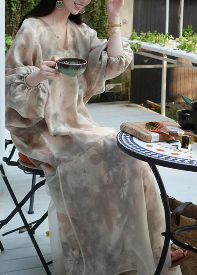 V Neck Print Patchwork Party Long Dress Spring