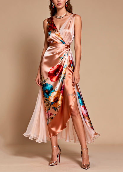 V Neck Print Patchwork Silk Dress Sleeveless
