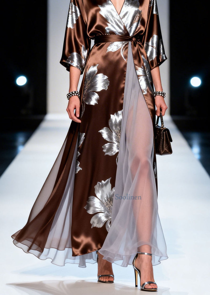 V Neck Print Patchwork Silk Dress Summer