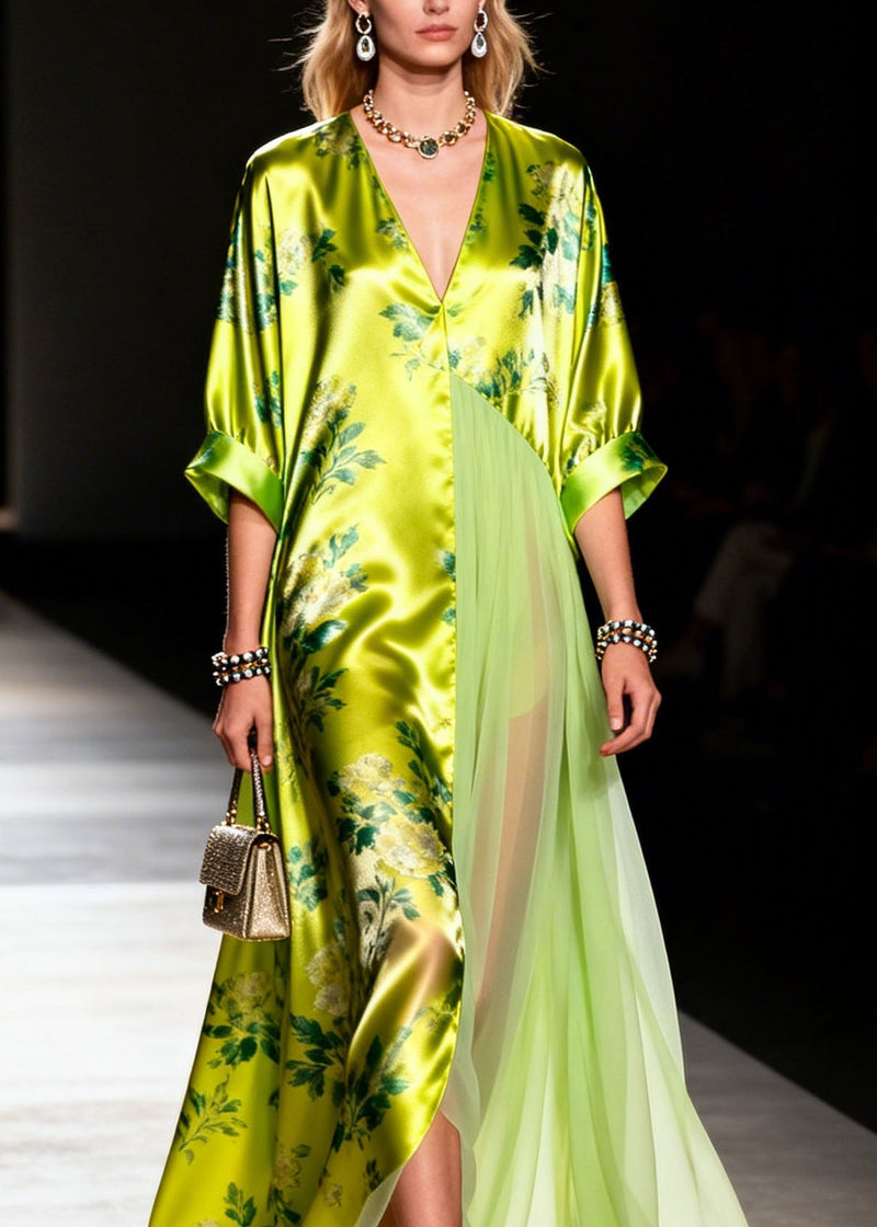 V Neck Print Patchwork Silk Long Dress Summer
