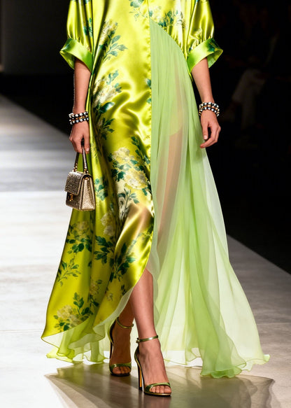 V Neck Print Patchwork Silk Long Dress Summer