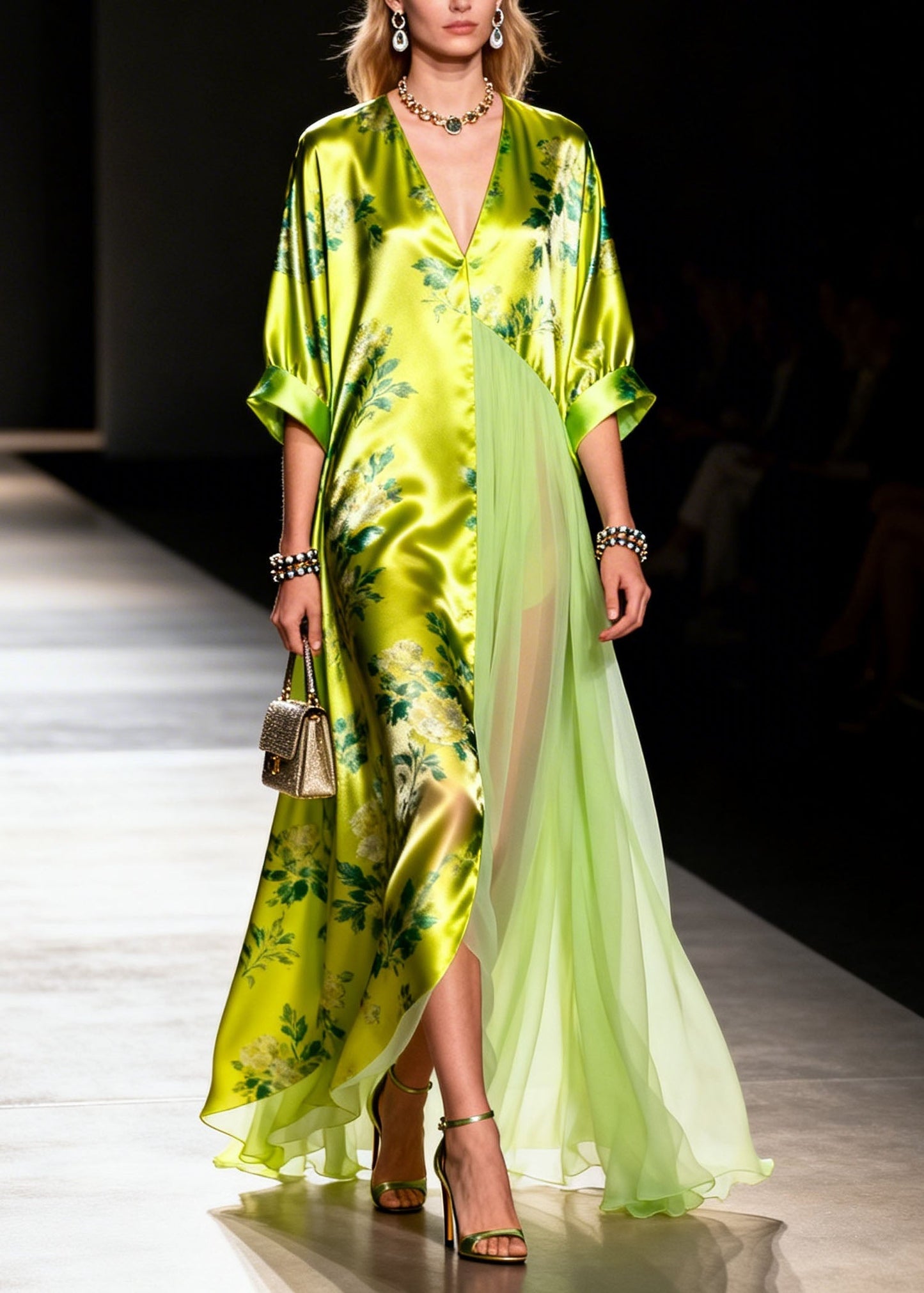 V Neck Print Patchwork Silk Long Dress Summer