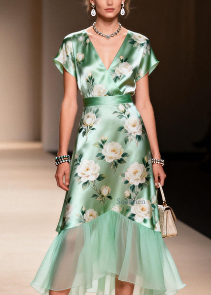 V Neck Print Ruffled Patchwork Silk Dresses Summer