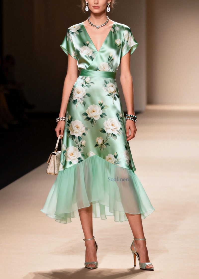 V Neck Print Ruffled Patchwork Silk Dresses Summer