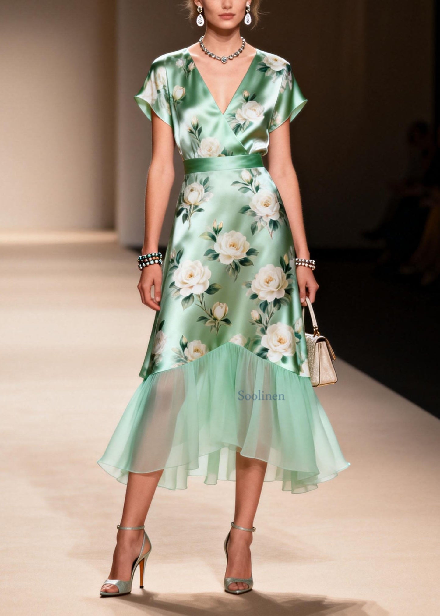 V Neck Print Ruffled Patchwork Silk Dresses Summer