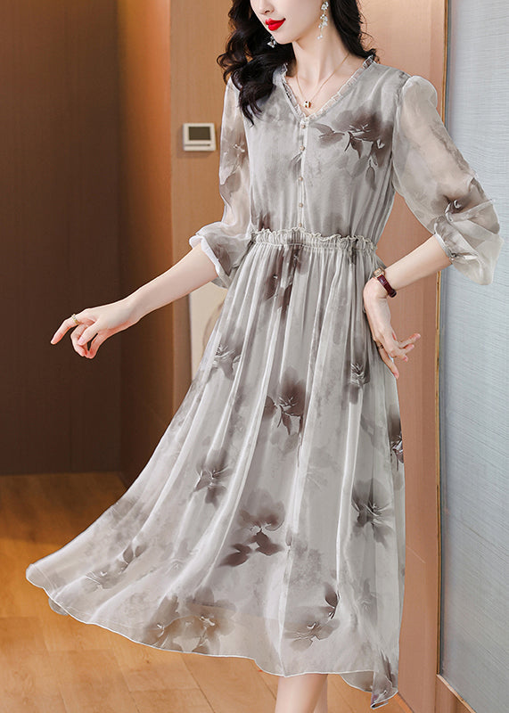 V Neck Print Ruffled Silk Chiffon Dresses Lantern Sleeve