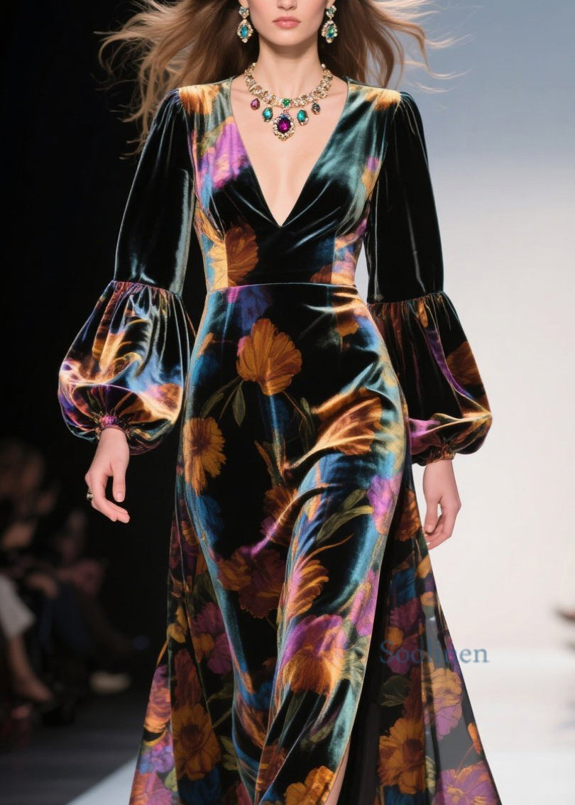 V Neck Print Side Open Velvet Robe Dresses Spring