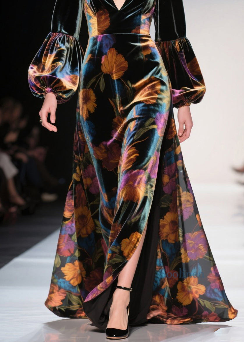 V Neck Print Side Open Velvet Robe Dresses Spring