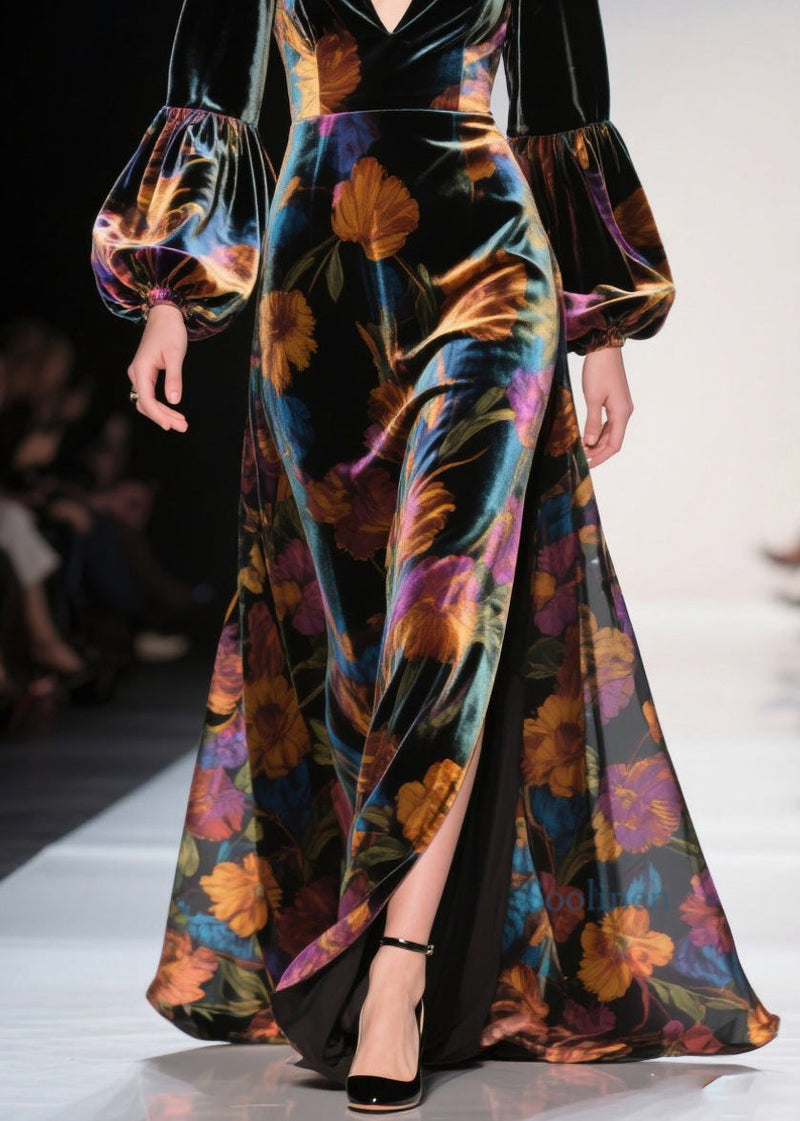 V Neck Print Side Open Velvet Robe Dresses Spring