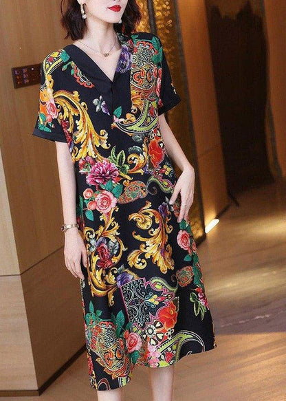 V Neck Print Silk Party Dress Short Sleeve