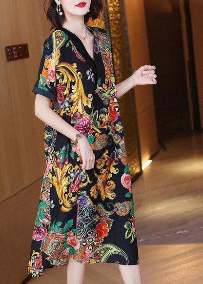 V Neck Print Silk Party Dress Short Sleeve