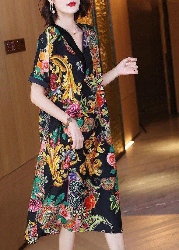 V Neck Print Silk Party Dress Short Sleeve
