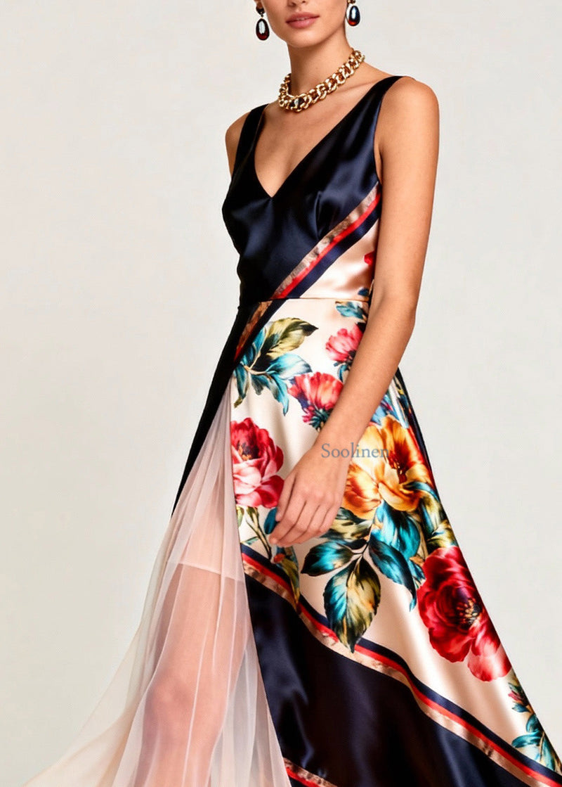 V Neck Print Tulle Patchwork Silk Long Dress Sleeveless