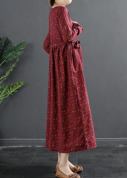 V Neck Quilting Dresses Shape Red Print Long Dress