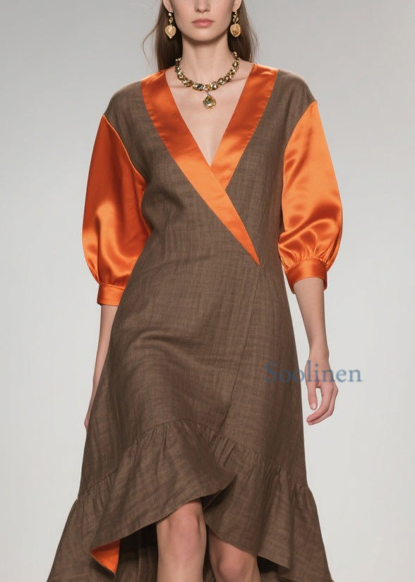 V Neck Ruffled Silk Patchwork Cotton Dresses Summer