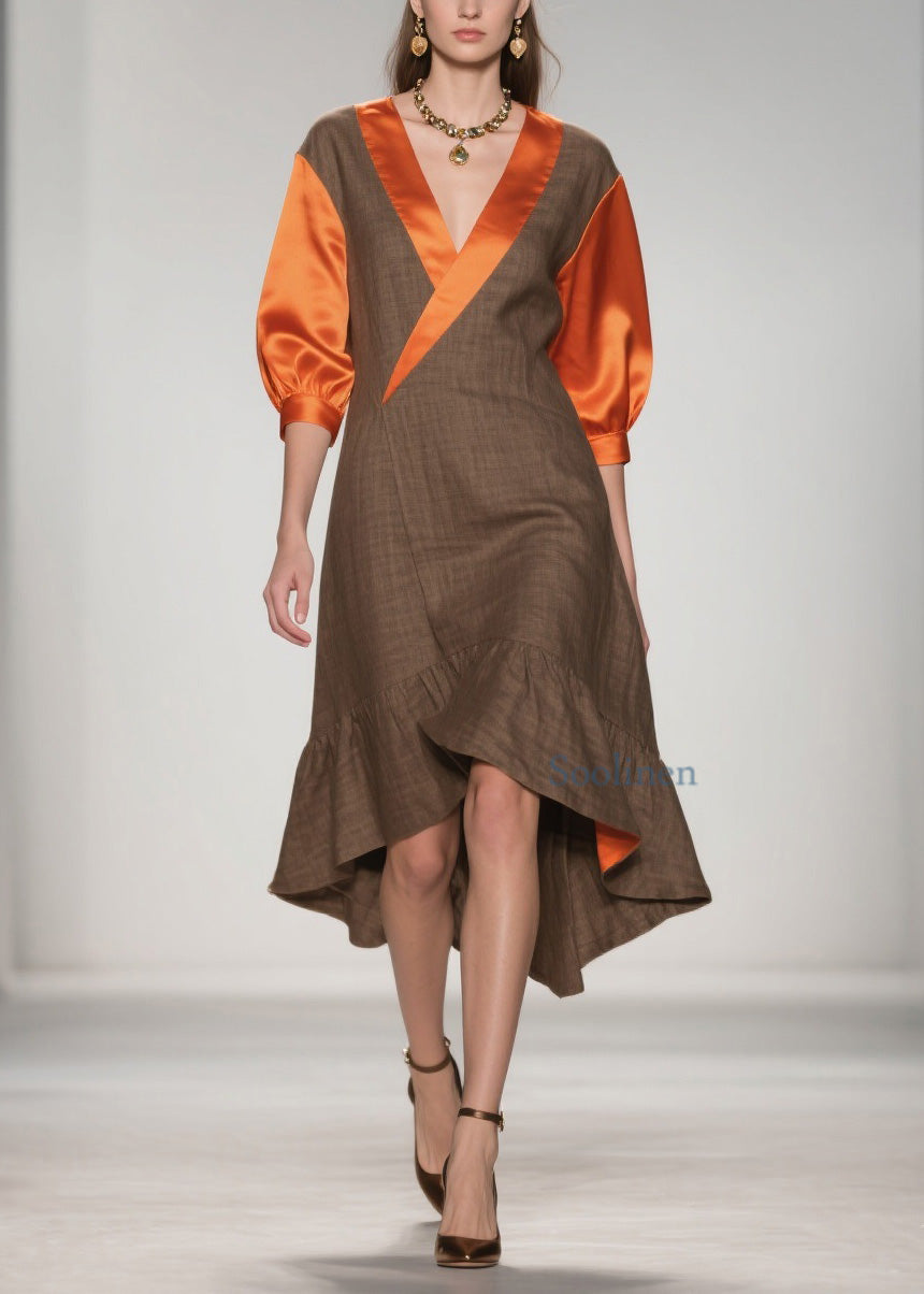 V Neck Ruffled Silk Patchwork Cotton Dresses Summer