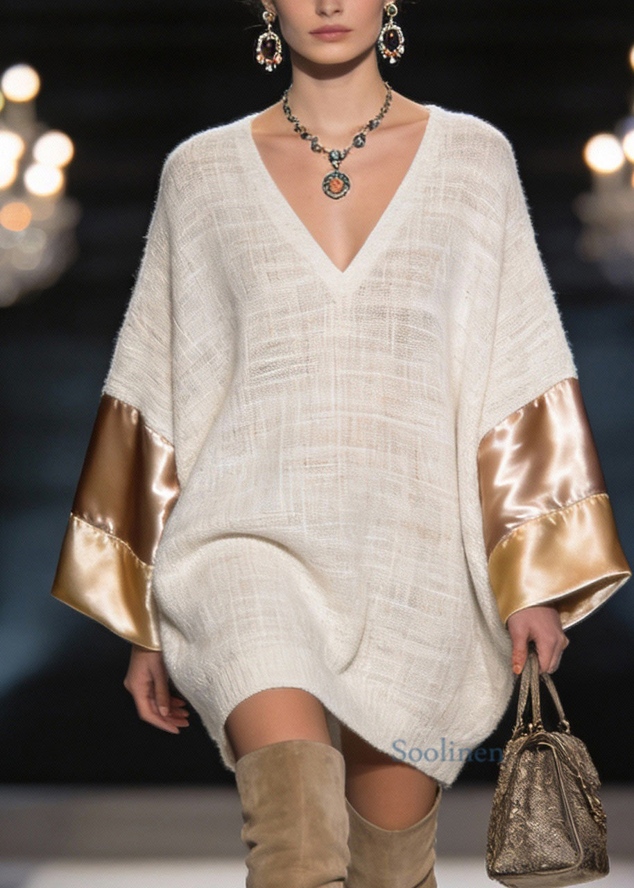 V Neck Silk Patchwork Linen Mid Dress Spring