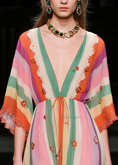 V Neck Striped Chiffon Vacation Dress Half Sleeve