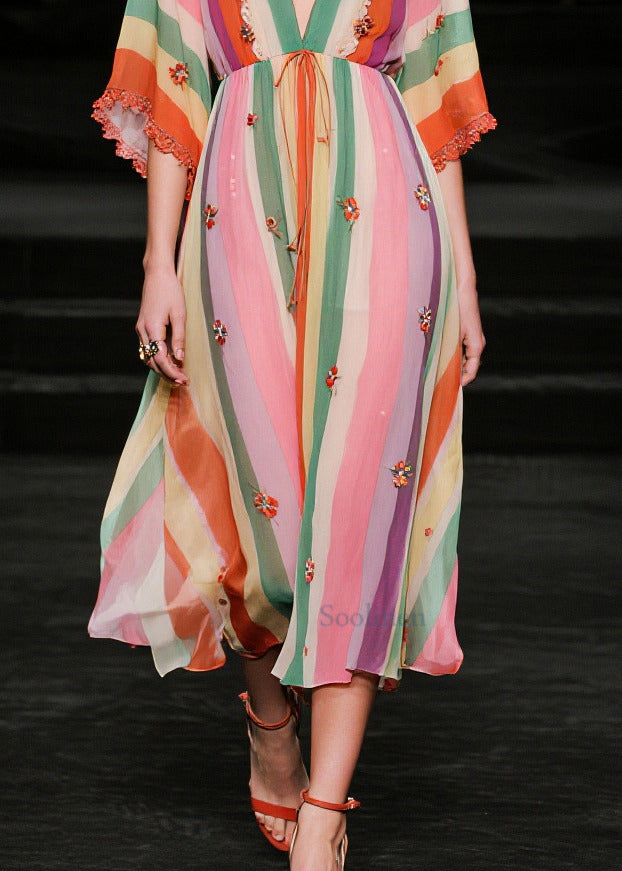 V Neck Striped Chiffon Vacation Dress Half Sleeve