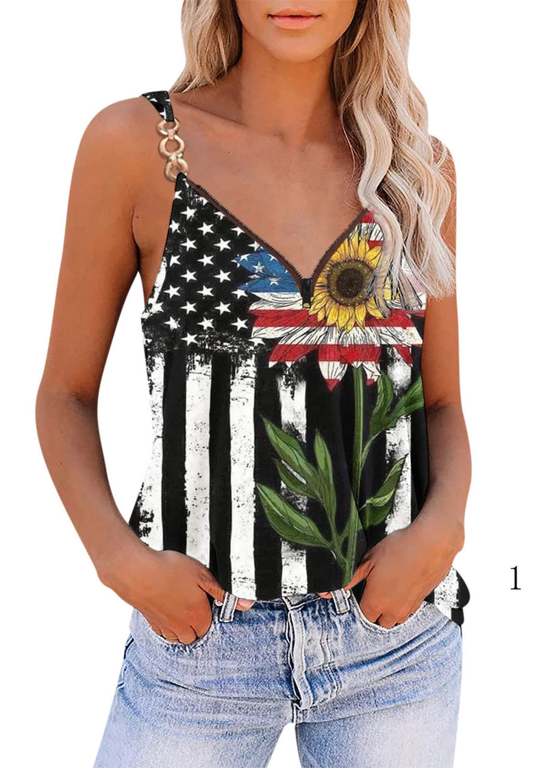 V Neck Zippered Independence Day Theme Print Sequined Spaghetti Strap Tank Tops Summer