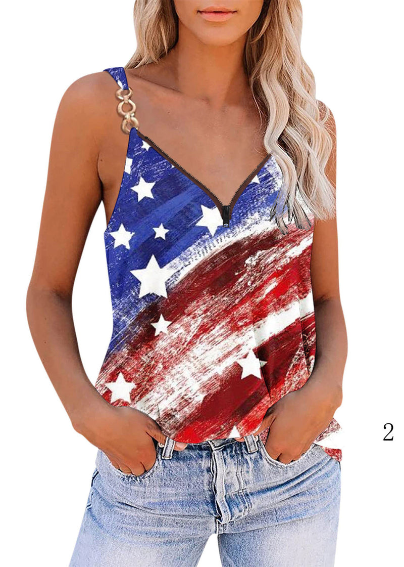 V Neck Zippered Independence Day Theme Print Sequined Spaghetti Strap Tank Tops Summer