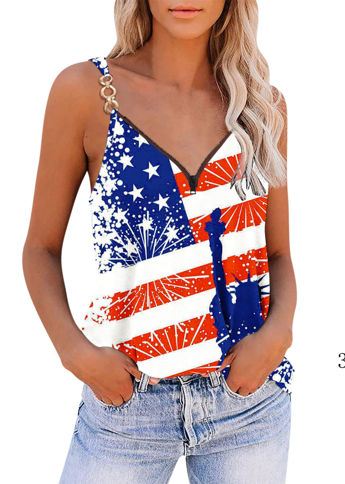 V Neck Zippered Independence Day Theme Print Sequined Spaghetti Strap Tank Tops Summer