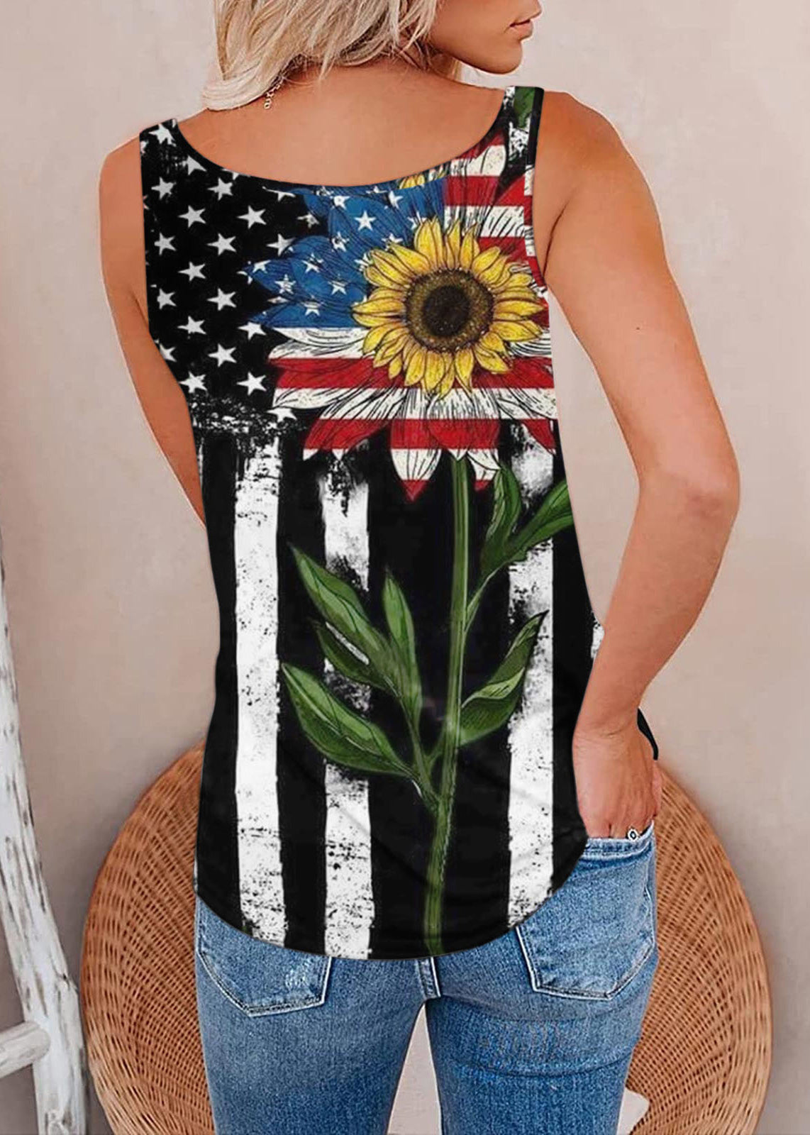 V Neck Zippered Independence Day Theme Print Sequined Spaghetti Strap Tank Tops Summer