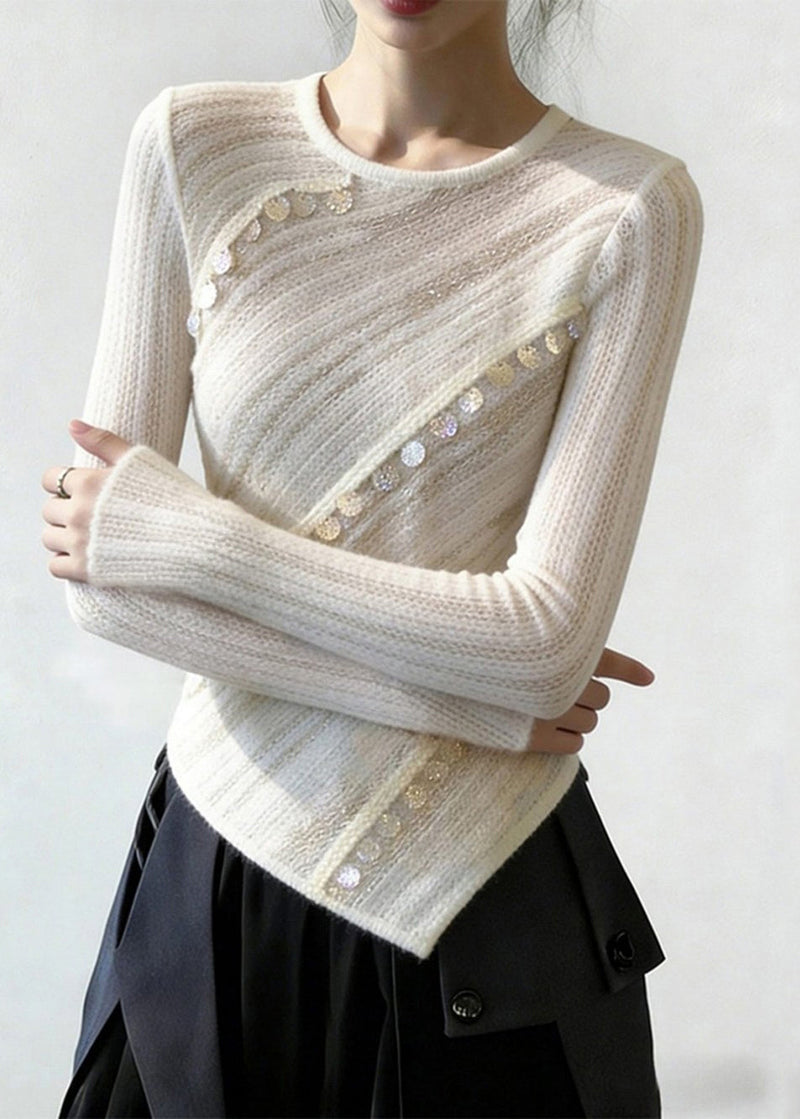 White Asymmetrical Sequins Patchwork Thin Knit Top Spring
