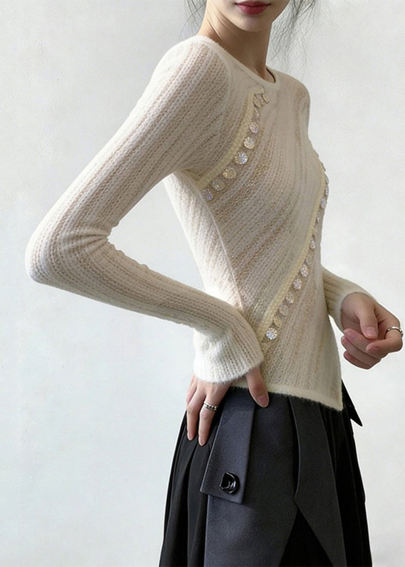 White Asymmetrical Sequins Patchwork Thin Knit Top Spring